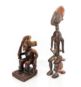 2 Carved Seated Figures, Chokwe & Ashanti