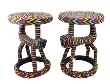 2 Intricate Beadwork Bamileke African Lizard Stools