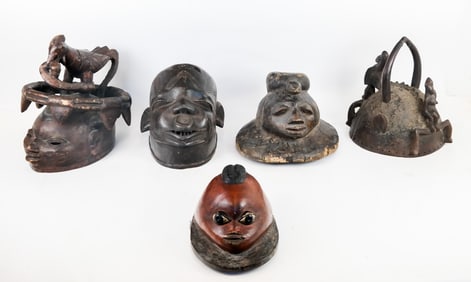 5 African Carved Figural Helmets / Masks