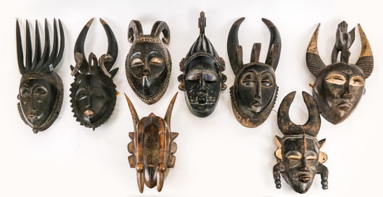 8 Elaborate Carved Horned African Masks