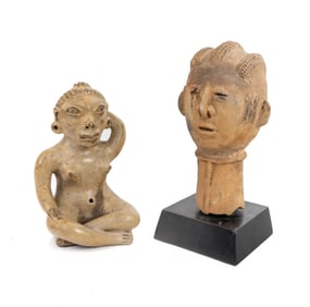 Pre-Columbian Pottery Seated Figure, & 1 Other (2)
