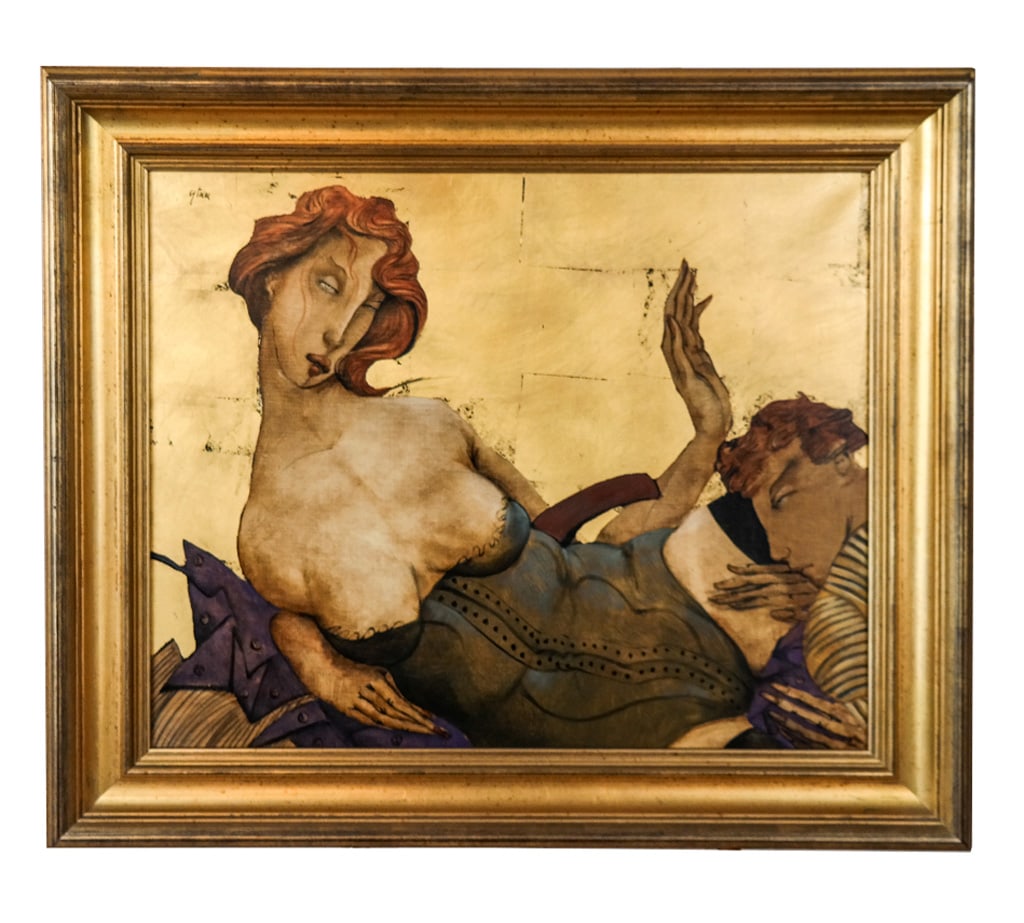 Jean-Pierre CEYTAIRE: Erotic Scene - Mixed Media: Jean-Pierre Ceytaire (French, b. 1946) erotic figural scene in oil and gold leaf on canvas on board, signed upper left, titled "Histoire de Corset" on stretcher. [Art: 17.5" H x 21" W; Frame: 24" H x 