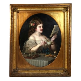 J. FERIER: Lady w/ Teacup - Oil Painting