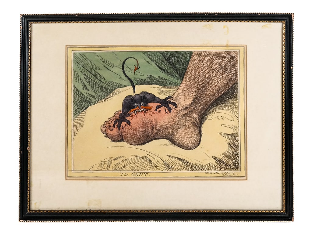 James Gillray "The Gout" Hand Colored Etching: James Gillray (British, 1756 - 1815) "The Gout" hand colored etching in a frame, published 1799 by Hannah Humphrey, in a frame; another edition currently at the Metropolitan Museum of Art in New York