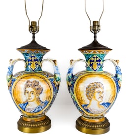 Pair of Neoclassical Italian Majolica Lamps
