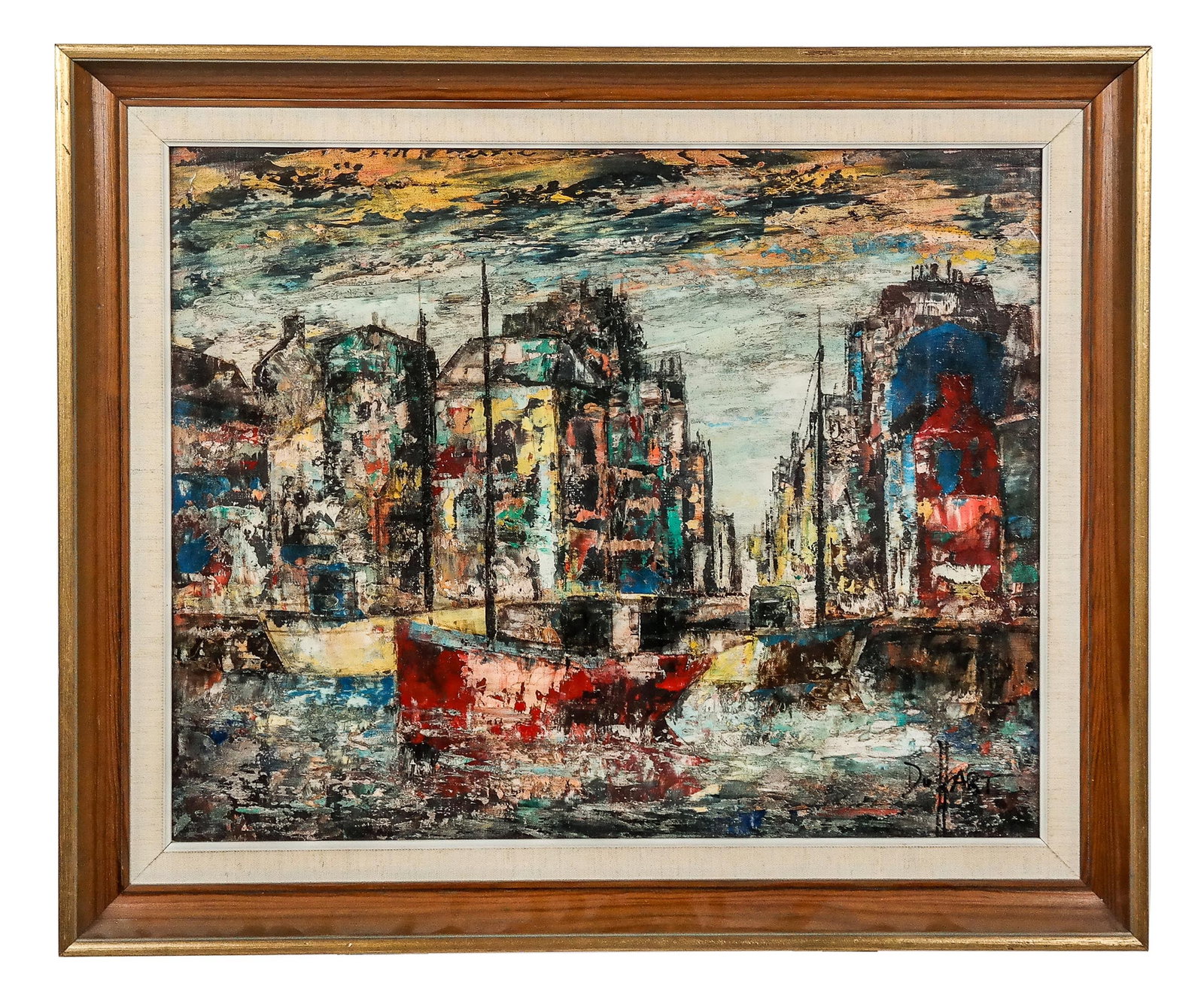 Jules DUFFART: Canal Scene - Oil On Canvas: Jules Duffart (French, b. 1924) oil on canvas painting of a European canal scene, signed lower right. [Art: 15" H x 19" W; Frame: 20" H x 24" W].