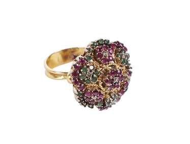 Emerald, Ruby, Diamond and Yellow Gold Ring