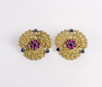 Pair of Ruby, Sapphire and Gold Earrings