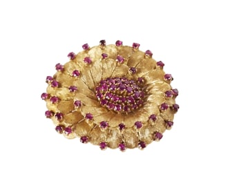 After Buccellati Ruby and Gold Flower Brooch