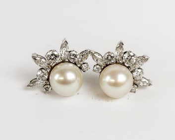 Pair of Cultured Pearl and Diamond Earrings