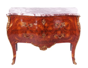 Louis XV Marble Top Marquetry Bombe Commode
