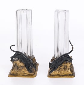 Pair of Bronze and Glass Candlesticks