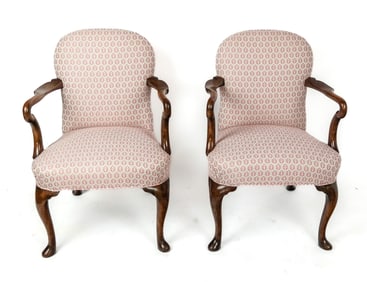 Pair of Queen Anne Upholstered Open Armchairs