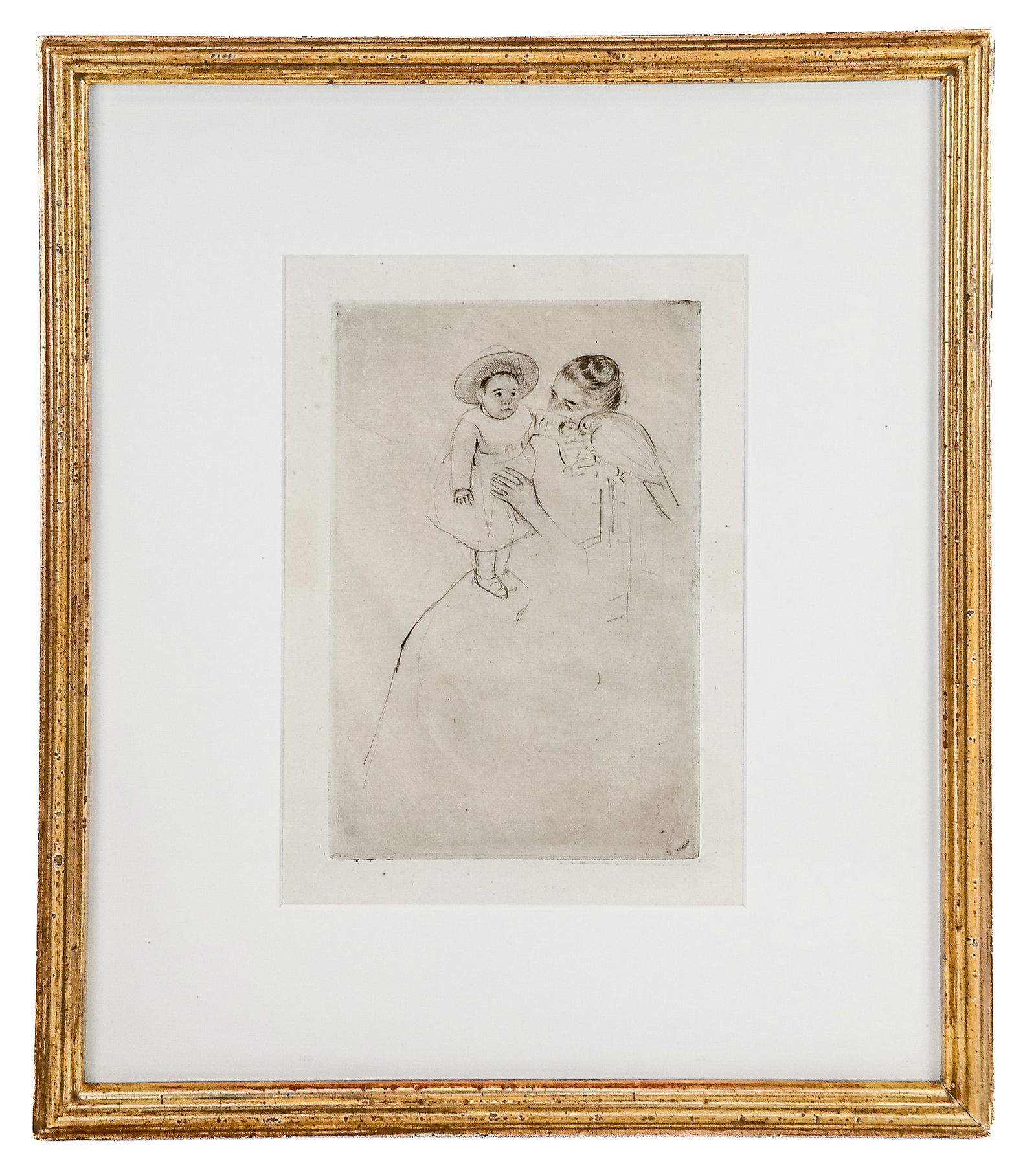 Mary CASSATT: "Helene.." - Dry point Etching: Mary Cassatt (American 1844-1926) dry point on paper, titled "Helene of Septeuil (Enfant Au Perroquet)", unsigned, circa 1889-1890. Framed and matted under plexiglass. Purchased from Adelson Galleries