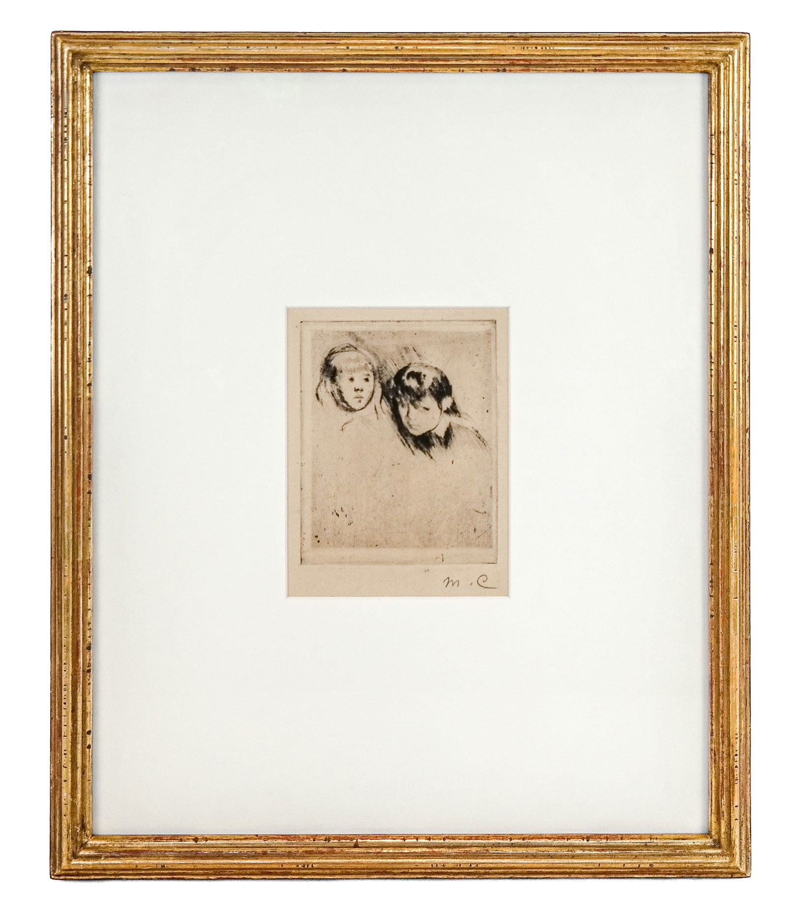 Mary CASSATT: "Elsie & Robert" - Dry point: Mary Cassatt (American 1844-1926) dry point on paper, titled "Heads of Elsie and Robert Cassatt", initialed in pencil lower right, circa 1880. Framed and matted under plexiglass. Purchased from Adelso