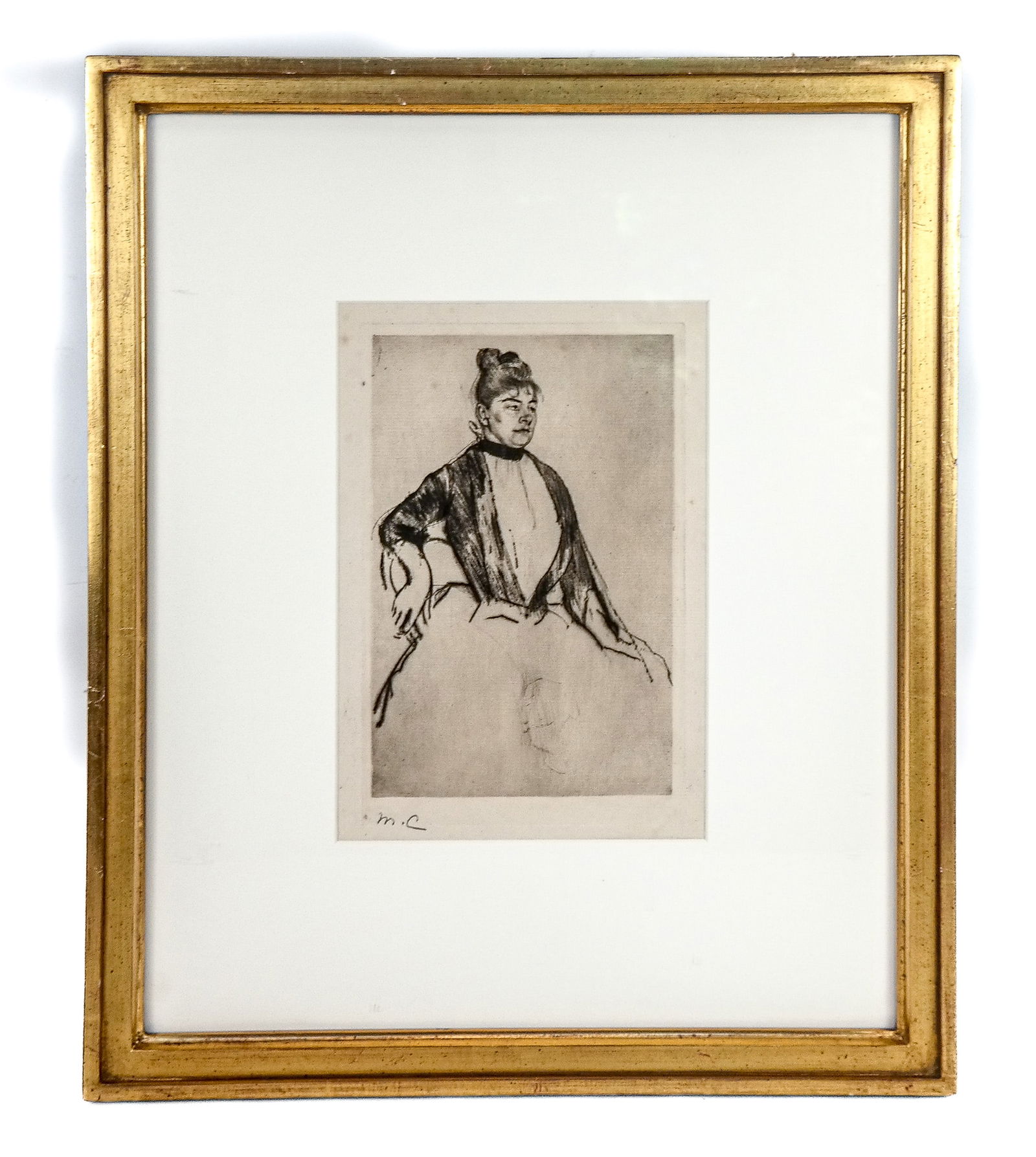 Mary CASSATT: "Portrait Sketch.." - Dry point: Mary Cassatt (American 1844-1926) dry point on paper, titled "Portrait Sketch of Mme M...", initialed in pencil lower left, circa 1889. Framed and matted under plexiglass. Purchased from Adelson Galle