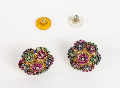 Pair of Sapphire, Emerald and Ruby Earrings