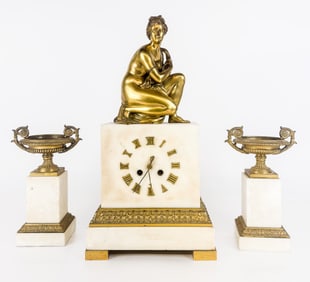 Louis XV Bronze Dore and Marble Clock Garniture