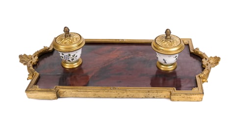 Bronze Dore and Landscape Decorated Inkwell