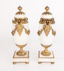 Pair of Bronze Dore and White Marble Cassolettes