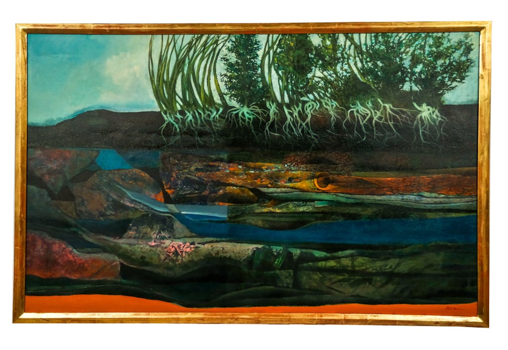 Tom BLACKWELL: Plants Study - Oil Painting: Tom Blackwell (American, 1938-2020) study of plants and underground soil layer, in oil on canvas, signed lower right, with correspondence. [Art: 29" H x 47" W; Frame: 32" H x 50" W]. From the Estate o