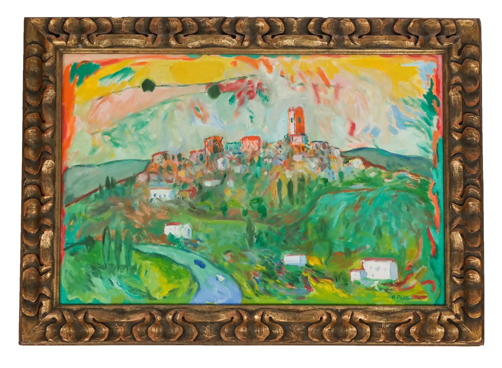 Abbott Pattison Tuscan Landscape Oil on Canvas: Abbott Lawrence Pattison (American,1916 - 1999) "A Hill Town of Tuscany - Montelupo" , landscape in the Fauvist style, signed lower right, signed and title version on stretcher. [Canvas: 24" H x 43" W