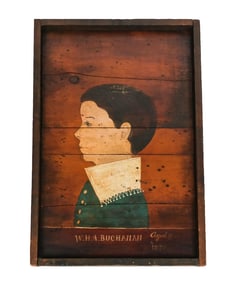 Antique American Folk Art Portrait on Shiplap