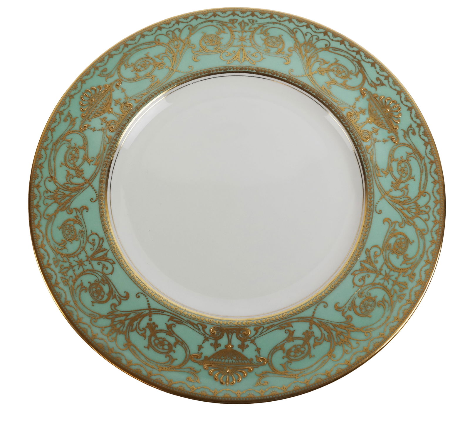 Royal Worcester Bone China Dinner Plates, 12: Royal Worcester 12 bone china turquoise-color and gilt decorated dinner plates, English, marks to reverse. [10.5" Diameter]. Overall condition is good.
