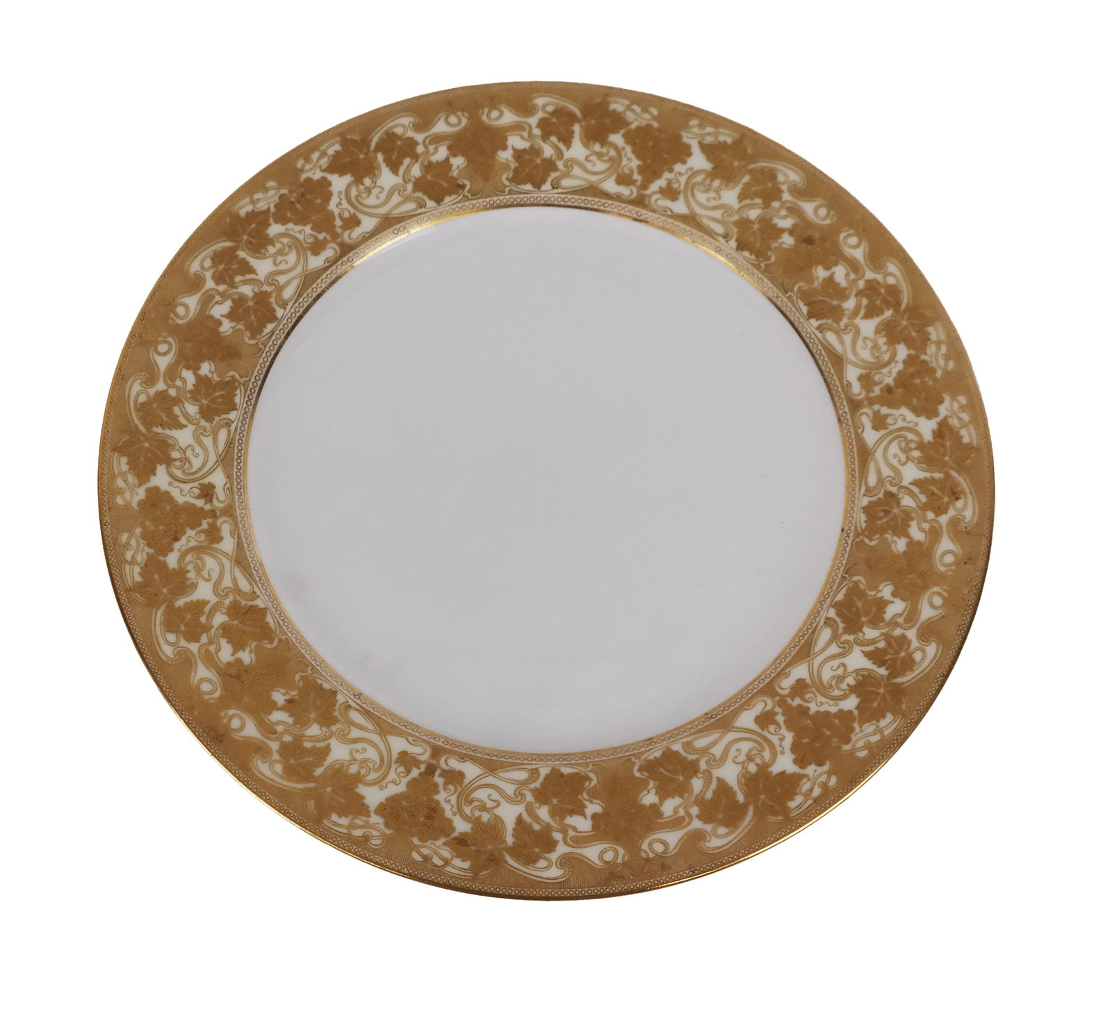 Royal Worcester Gilt Decorated Dinner Plates, 11: Royal Worcester retailed by The Bailey, Banks and Biddle Company 12 gilt decorated grapes and ivy bordered dinner plates, English, marks to reverse. [10.25" Diameter]. Overall condition is good, a few