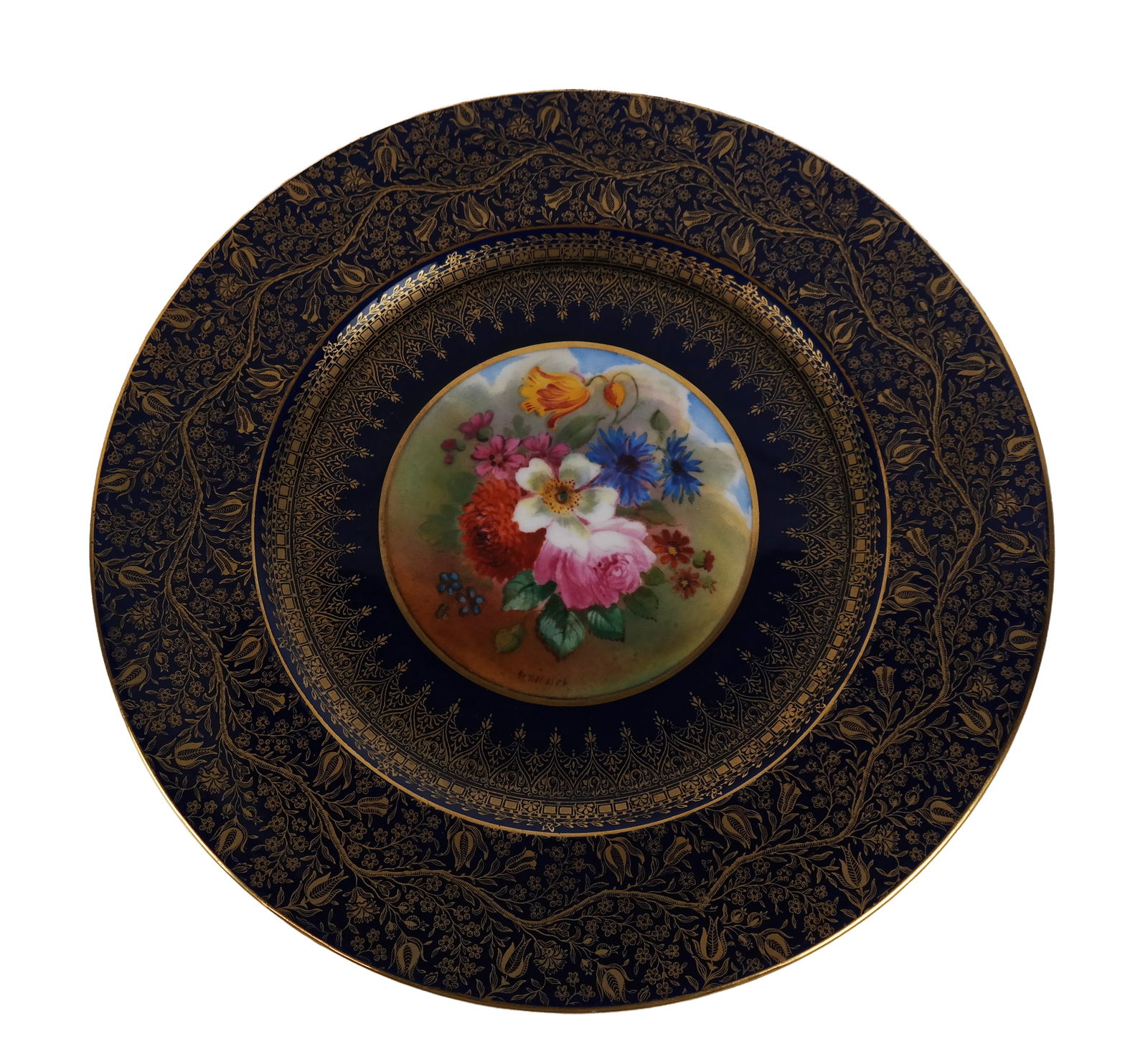 George Jones & Sons Service Plates, 11: George Jones & Sons 11 elaborately decorated with cobalt blue and gilt service plates with hand-painted floral centers, most signed William Birbeck, marks to centers and reverse. [10.25" Diameter]. Ov