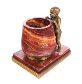 Red Marble and Bronze Figural Pen Holder