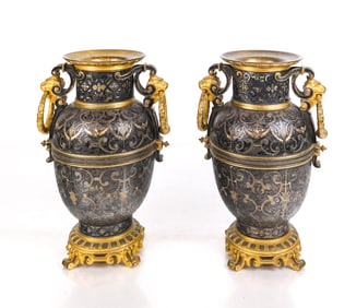 Continental Patinated and Etched Bronze Urns, Pair