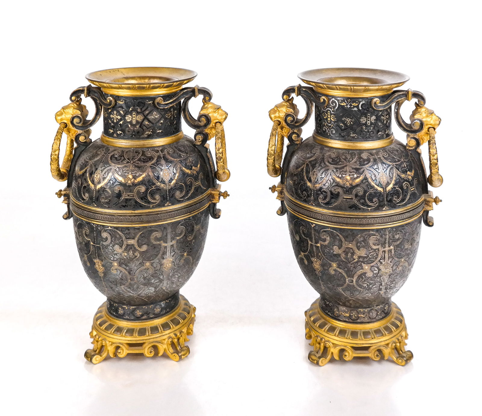Continental Patinated and Etched Bronze Urns, Pair (1 of 11)