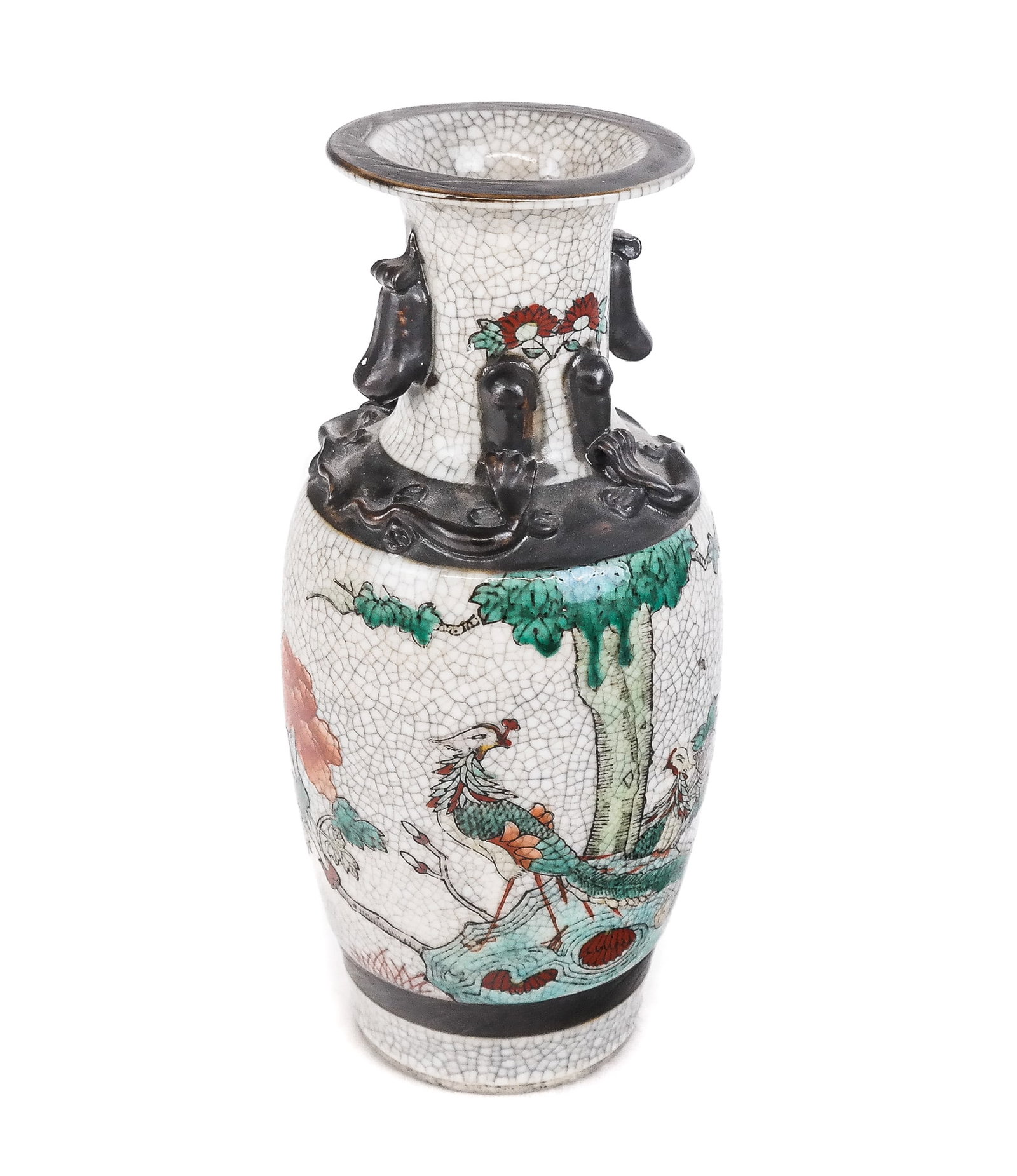 Chinese Porcelain Baluster Vase: Chinese porcelain baluster vase, likely Qing Dynasty, with phoenix and landscape decoration and decorated lip and collar, marked to base. [8.25" H x 4" W]. Condition is good with production-related cr