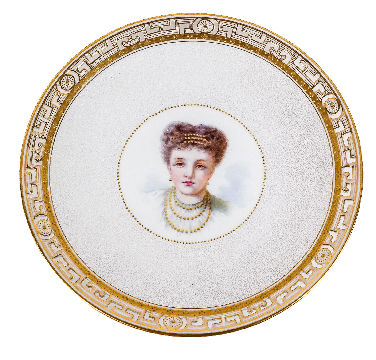 Mintons Porcelain Pierced Portrait Plates, 7: Mintons pierced, textured and gilded portrait plates, English 1873-1912, each border with pierced and gilded edge, enclosing gilded and textured bands, centering a family portrait, mark to reverse. [9