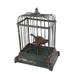 Painted Tin Automaton of a Singing Bird in a Cage