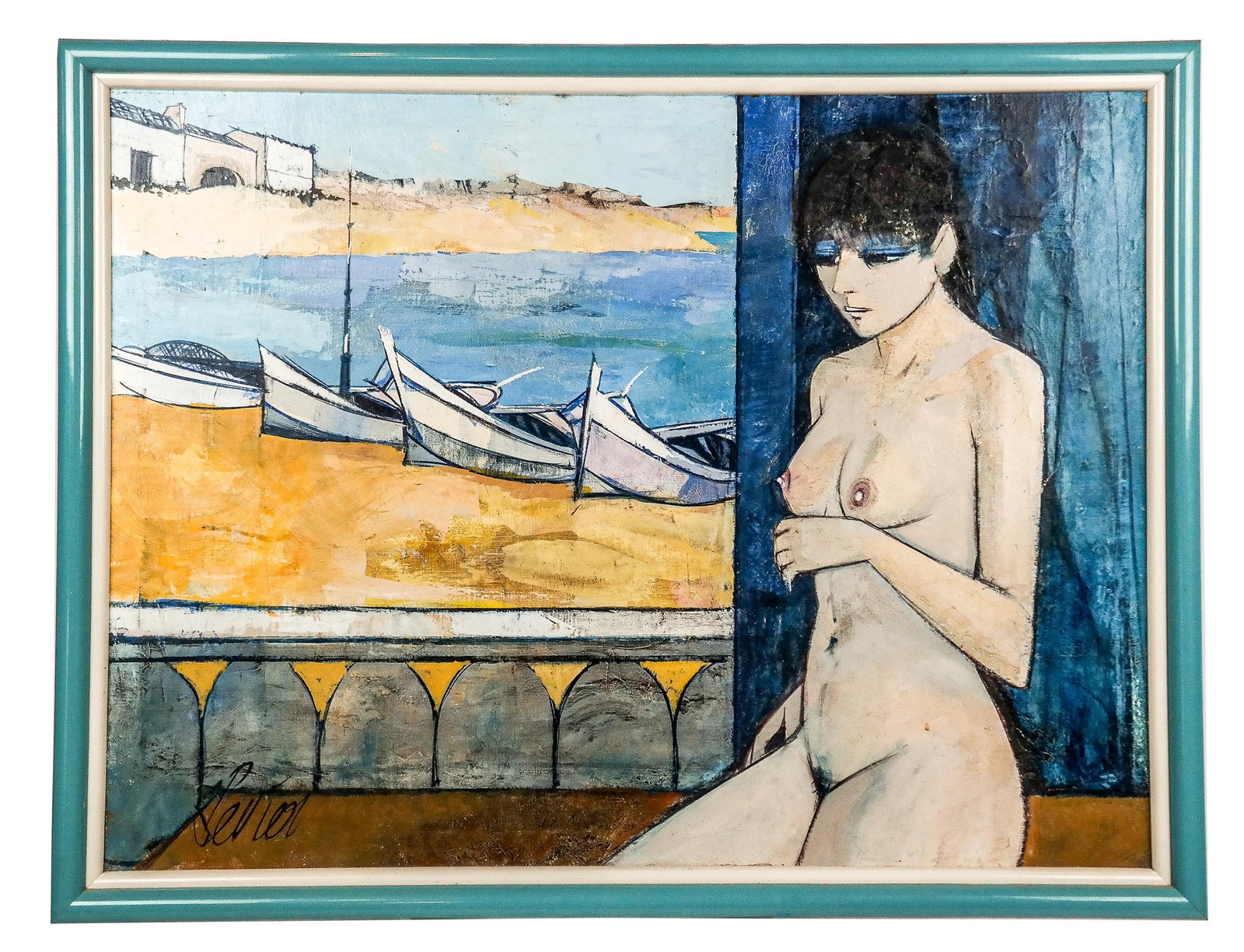 Charles Levier "Nu Sur la Plage" Oil on Canvas: Charles Levier (French, 1920-2003) "Nu Sur la Plage" or "Nude at the Beach" oil on canvas in a frame, signed Levier to lower left, and titled and signed CR. Levier to verso. [Sight: 29.25" H x 39" W;