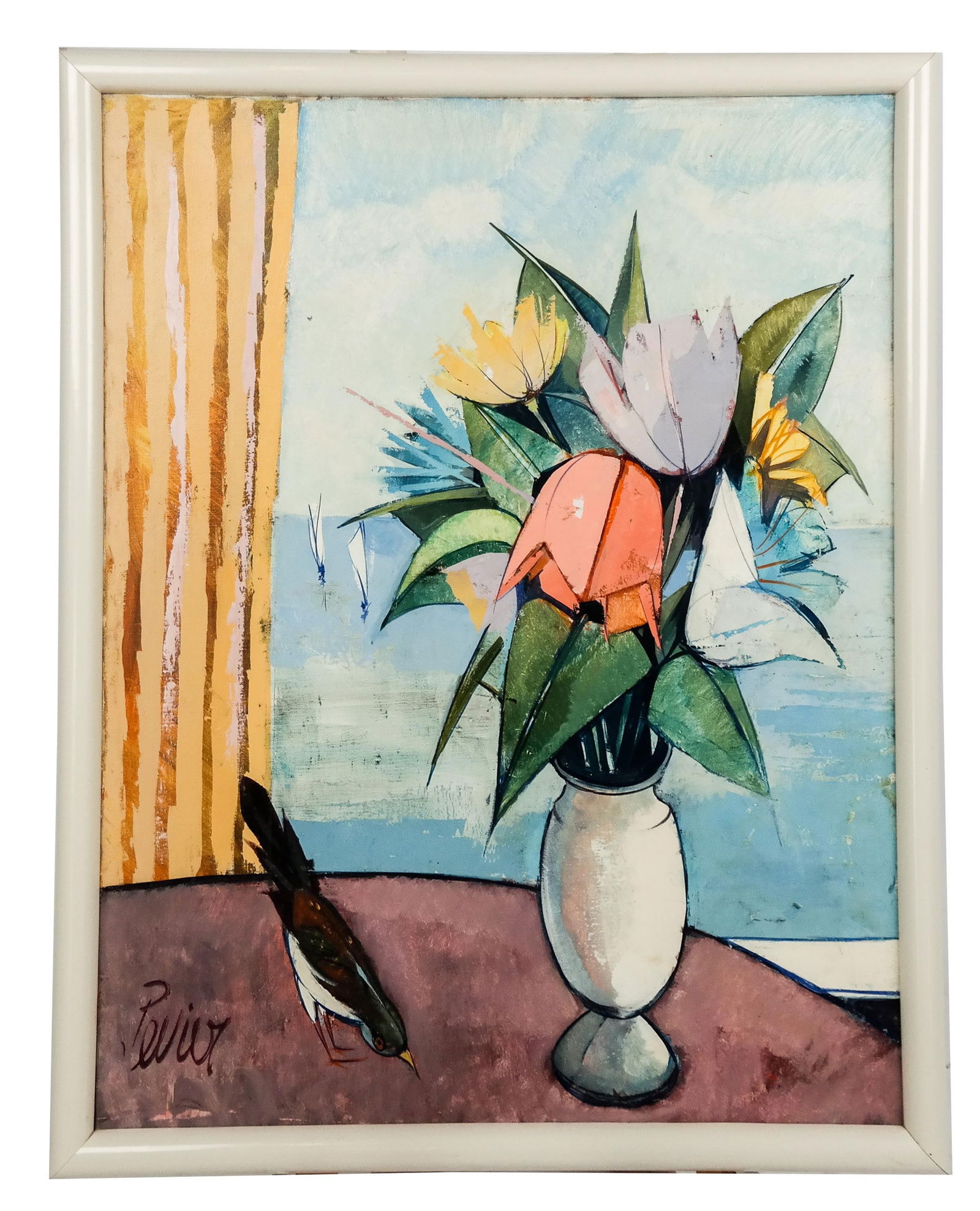 Charles Levier "Fleurs a l'Oilean" Oil on Canvas: Charles Levier (French 1920-2003) "Fleurs a l'Oilean" or "Flowers in Oil" oil on canvas in a frame, signed Levier to lower left, and titled and signed CR. Levier to verso. [Sight: 29.75" H x 23.5" W;