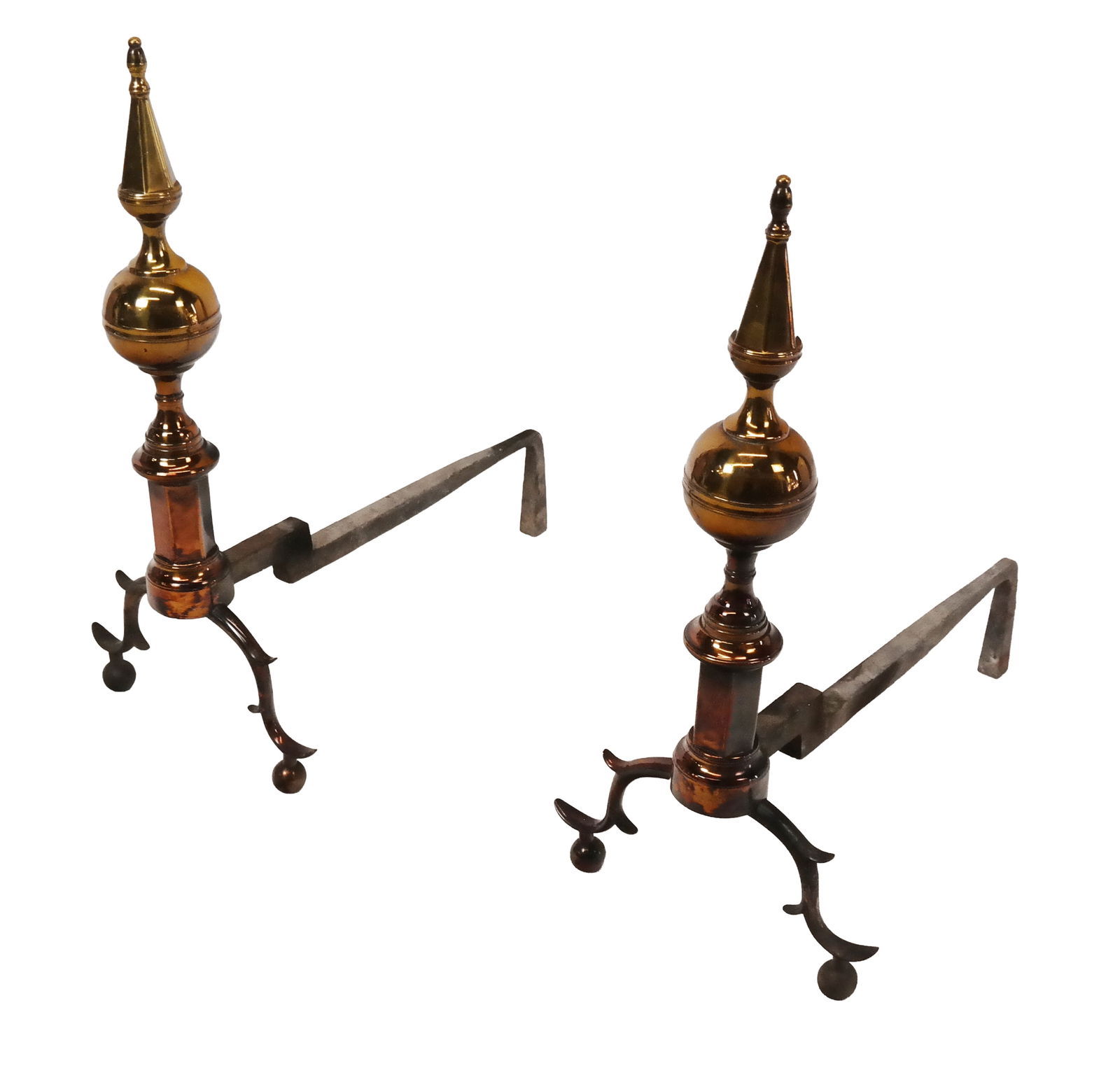Pair of Federal Cannonball and Spire Andirons: Pair of Federal brass spire and cannonball andirons, American. [24" H x 11" W x 19" D]. Overall condition is good, wear evident.