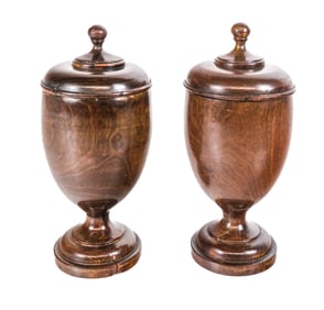 Pair of Turned Mahogany Urn Form Boxes