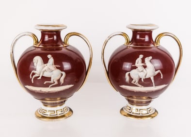 Pair Paris Porcelain Neoclassical Two Handled Urns