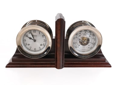 Pair Chelsea Ship's Clock and Barometer Bookends