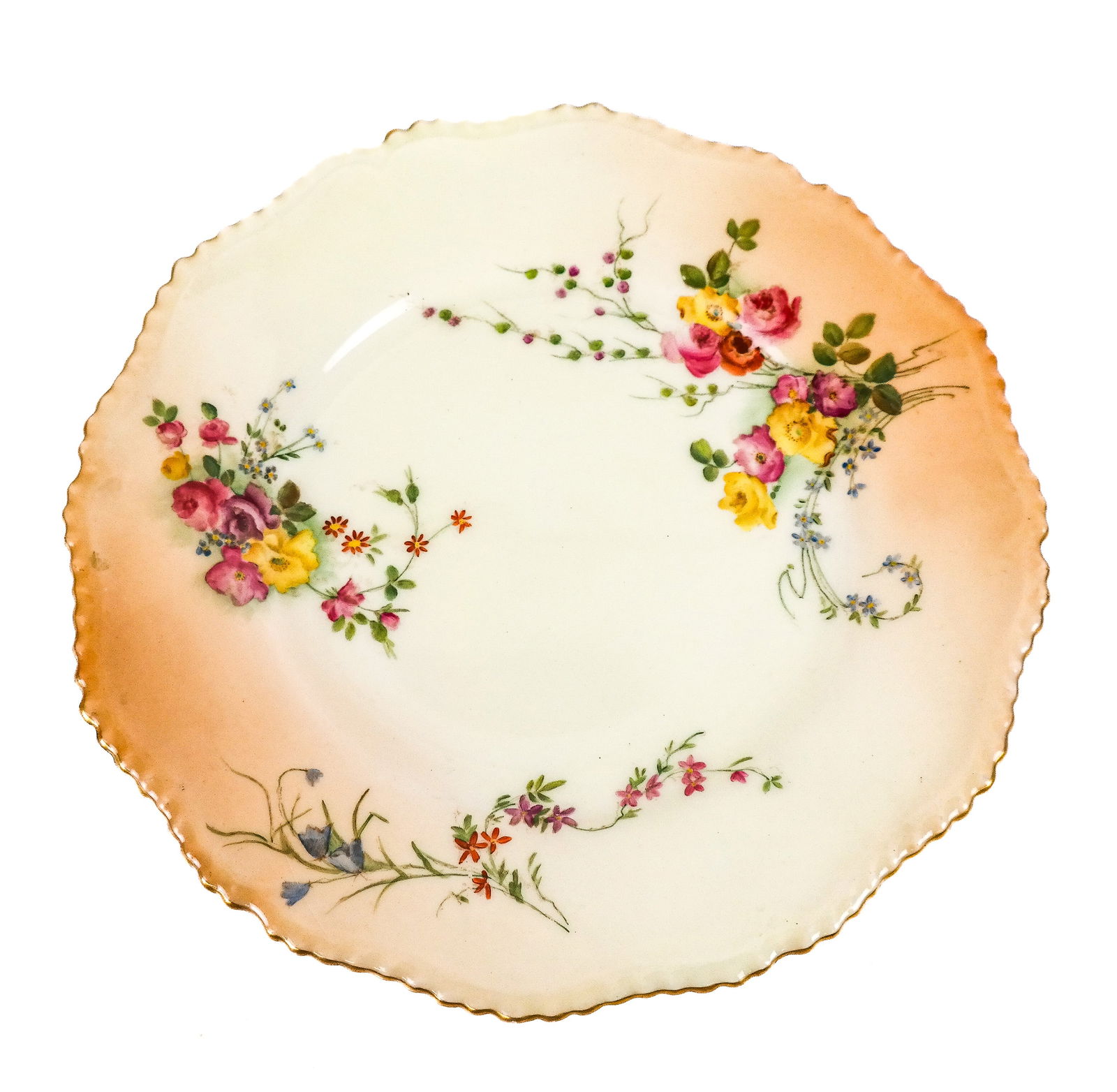 Royal Worcester Floral Decorated Tea Plates, 12: Royal Worcester 12 floral decorated tea plates, English, the ground in soft amber and cream colored with delicate bouquets of in warm hues, marks to base. [9.25" Diameter]. Overall condition is good.