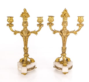 Pair of Louis XVI Bronze and Marble Candelabra