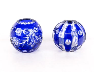 Harrach Two Blue-Cut-to-Clear Bud Vases