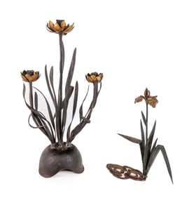 Three Light Candelabrum and a Sculpture of an Iris