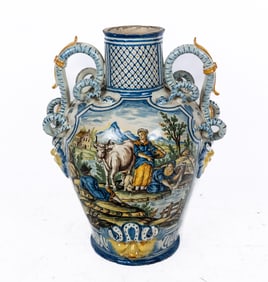 Large Italian Majolica Two-Handled Urn