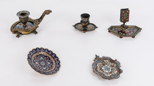 Five Bronze Mounted Champleve Articles