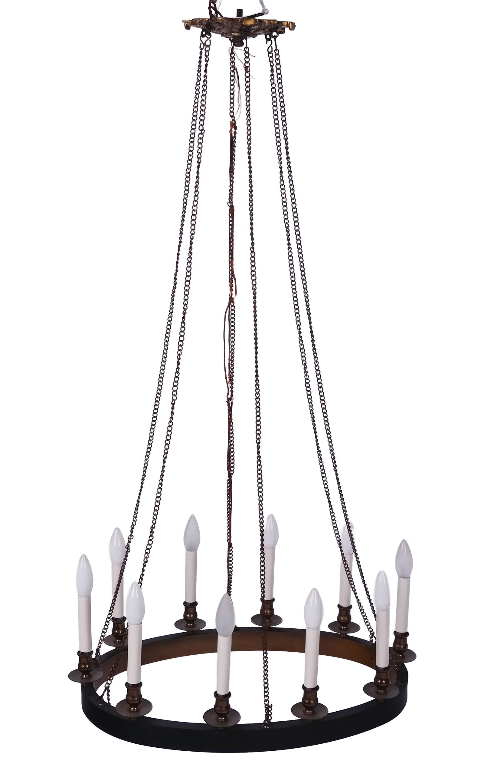 Modern Metal Chandelier: Modern metal ten light chandelier. [43" H x 23" L x 17" W]. Overall condition good, electricity untested. From Cedarhurst Long Island Collection.
