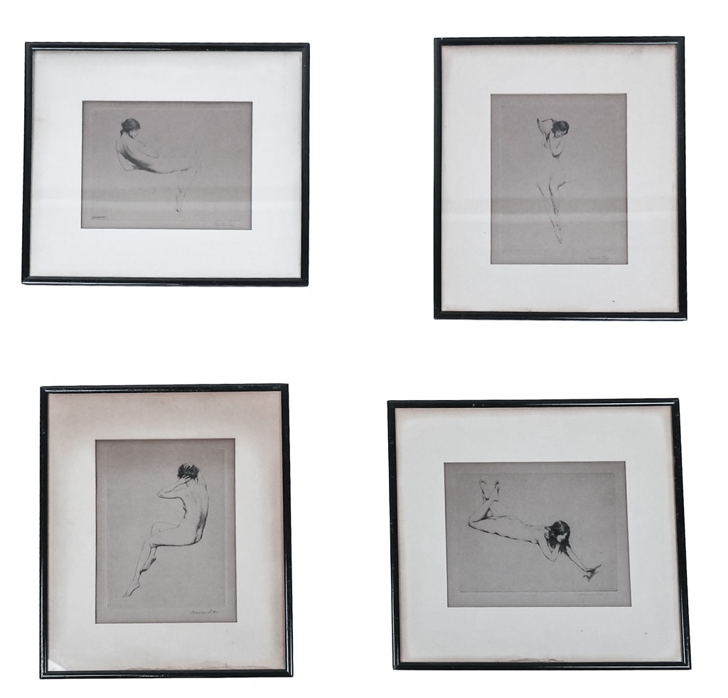Warren DAVIS: Nude Studies - 4 Etchings: Warren Burnham Davis (American, 1865-1928) a suite of four etchings on paper depicting nude studies in various poses, circa 1920. All pencil signed, with two editions numbered "12/50". One bearing Phi